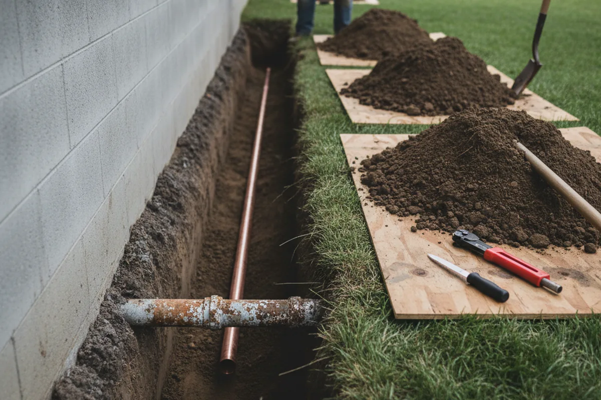 Excavated water line trench during Sewer Line Repair in Elk Point